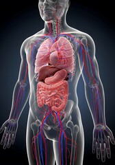 A vibrant 3D visualization of the circulatory system, showing veins, arteries, and capillaries in a semi-transparent body