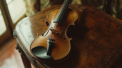 Fototapeta premium A violin rests on a wooden table, capturing a classic and musical ambiance.