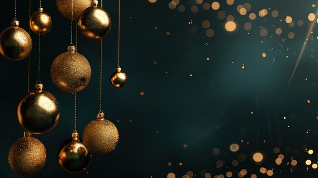 Golden Christmas ornaments hanging against dark green background with sparkling lights