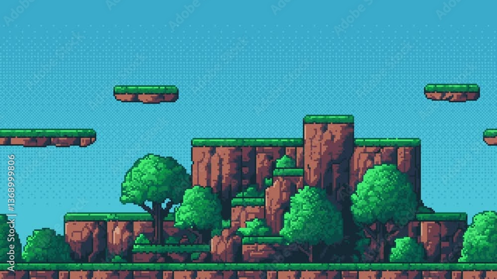 Poster 8-bit pixel art game level background animation. retro style pixelated video. blue sky. trees and mountains. side scrolling landscape. 2D flat design