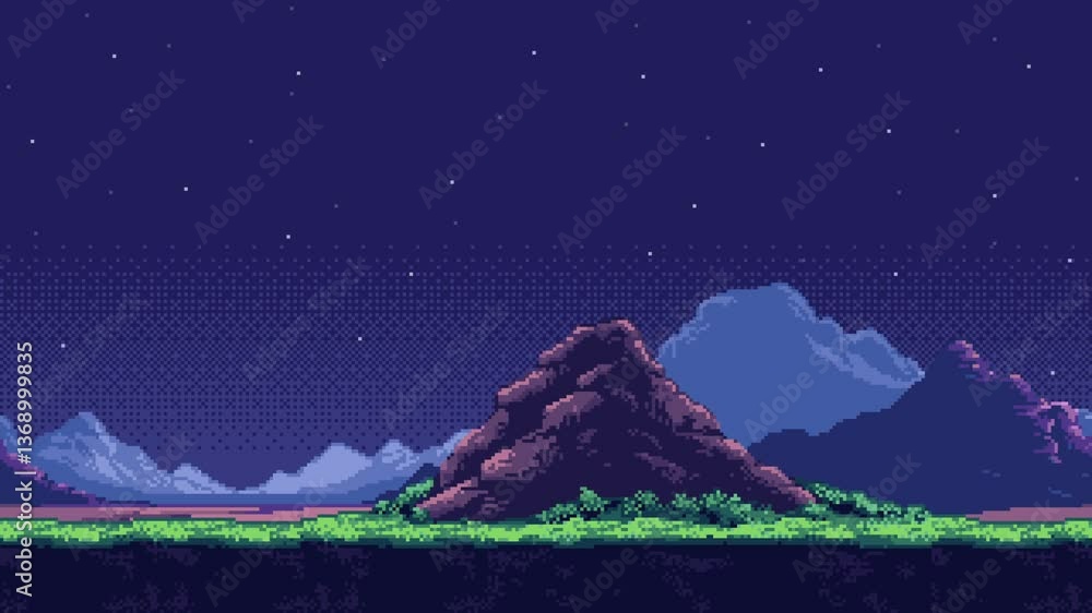 Poster 8-bit pixel art game level background animation. retro style pixelated video. space, planet surface, starry sky, mountains. side scrolling landscape. 2D flat design
