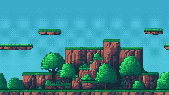 8-bit pixel art game level background animation. retro style pixelated video. blue sky. trees and mountains. side scrolling landscape. 2D flat design