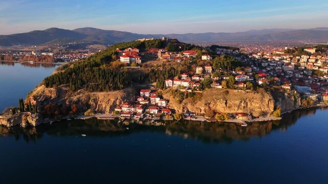 Drone shot of Kaneo Lake Ohrid waterfront