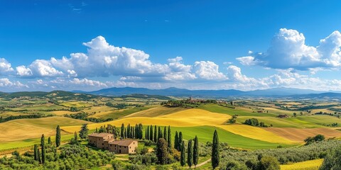 Fototapeta premium A picturesque landscape featuring rolling hills, cypress trees, and a serene sky.