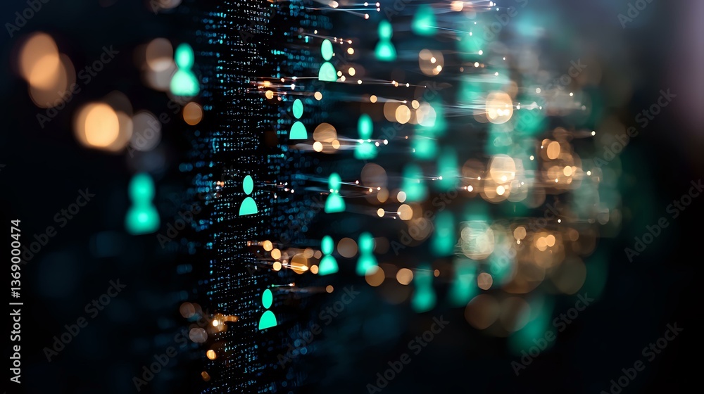 Poster futuristic network visualization with glowing turquoise user icons and golden bokeh lights against d