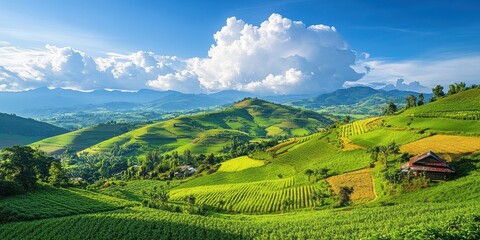 Fototapeta premium Lush green hills and valleys under a vibrant sky, showcasing natural beauty and tranquility.