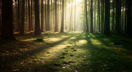 Obraz premium Sunlit Pathway Through Dense Woodland with Faint Deer Tracks on Mossy Ground