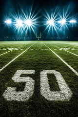 Football Field with Bright Stadium Lights and 50 Yard Line at Night