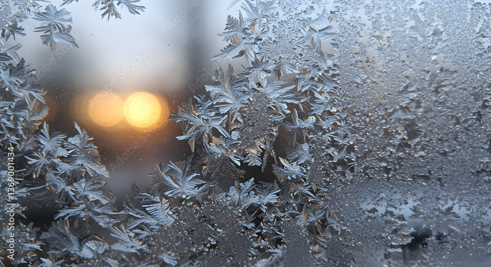 Poster intricate frost patterns adorning a windowpane, illuminated by diffused light