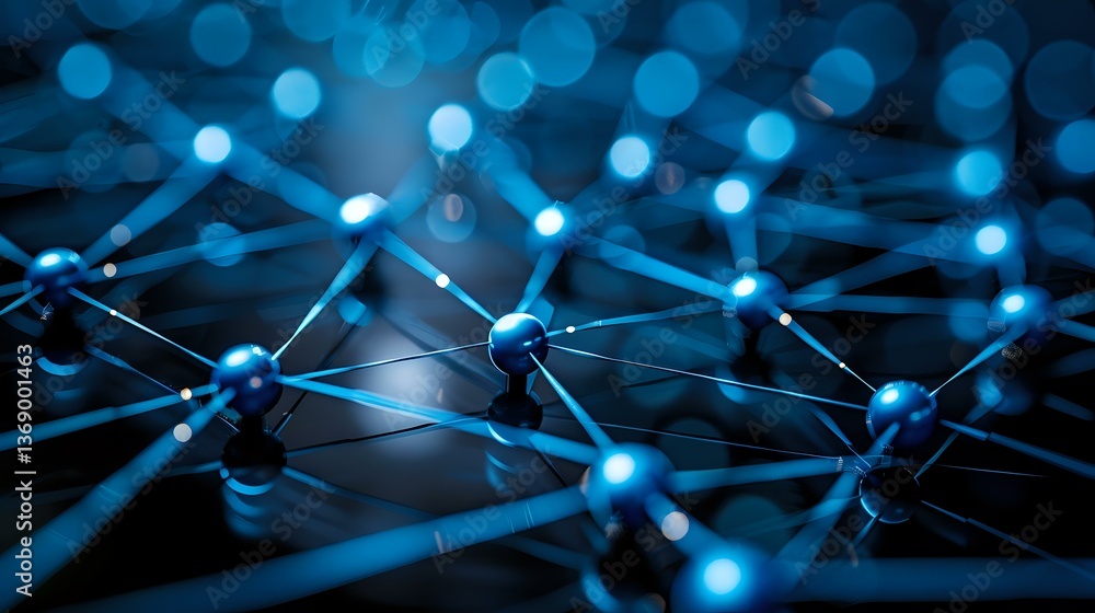 Poster glowing blue network nodes connected by illuminated lines create futuristic technology visualization