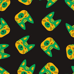Trendy seamless pattern graphic featuring funny fluffy kitten faces. Bright, happy kitten pattern perfect for clothing prints, wrapping paper, home decor and childrens products.