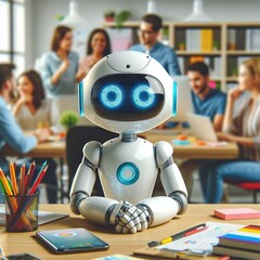 Mini ai robot sitting in an office