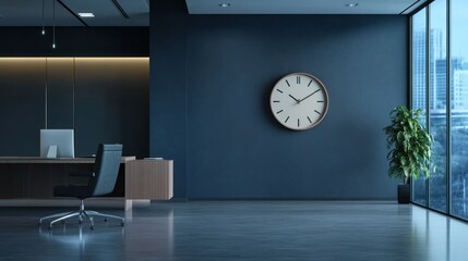 Modern office with desk, chair, computer, clock, plant, & city view.