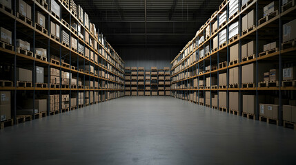 Fototapeta premium Well Lit Warehouse Interior With Rows Of Cardboard Boxes