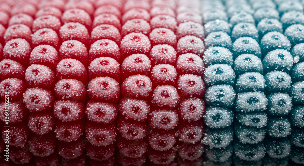Poster close-up of frosted berries creating a mesmerizing red and icy white gradient effect
