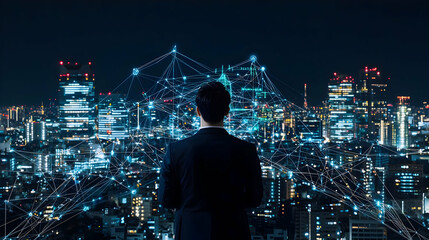 Businessman Contemplating Cityscape At Night