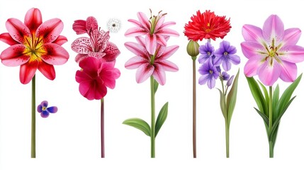 A series of hand-drawn spring flowers, isolated against a transparent backdrop