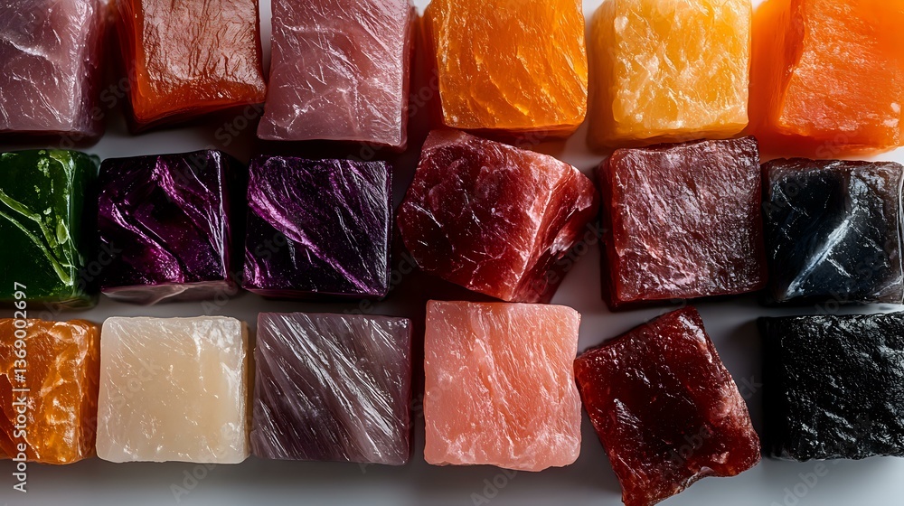 Poster colorful array of natural gemstones and minerals in cube shapes showcasing varied textures and vibra