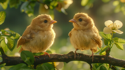 Fototapeta premium Two adorable fluffy birds sitting on a branch with soft sunlight and flowers. A perfect concept for nature, wildlife, spring, and harmony themes.