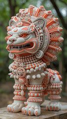 Fototapeta premium ntricate Aztec-inspired guardian lion statue, highly detailed, adorned with tribal patterns, beads, and fierce expression. White and orange ceramic-like finish.