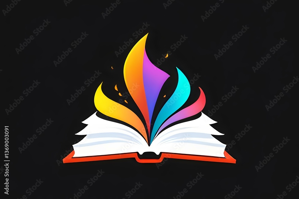 Poster open book with vibrant rainbow-colored pages flowing upward in dynamic motion against black backgrou