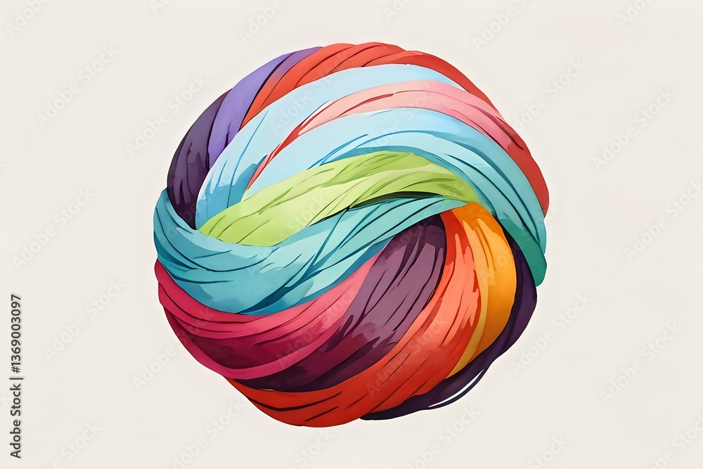 Aufkleber vibrant multicolored twisted fabric strands forming circular shape against neutral background, flowi