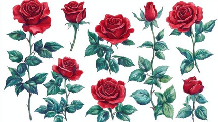Naklejka premium image-created watercolor roses, each isolated on a transparent background