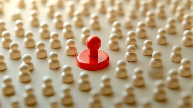 Attracting talent concept. Red figure stands out from group of light beige figures. Red magnet attracts person to suitable position. Talent recruitment strategy illustration. Finding ideal candidate