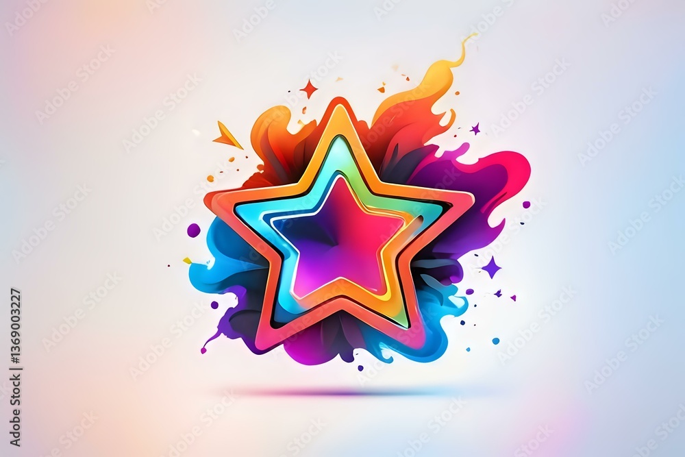 Poster vibrant multicolored star shape with neon glow effect floating on abstract splash background in blue