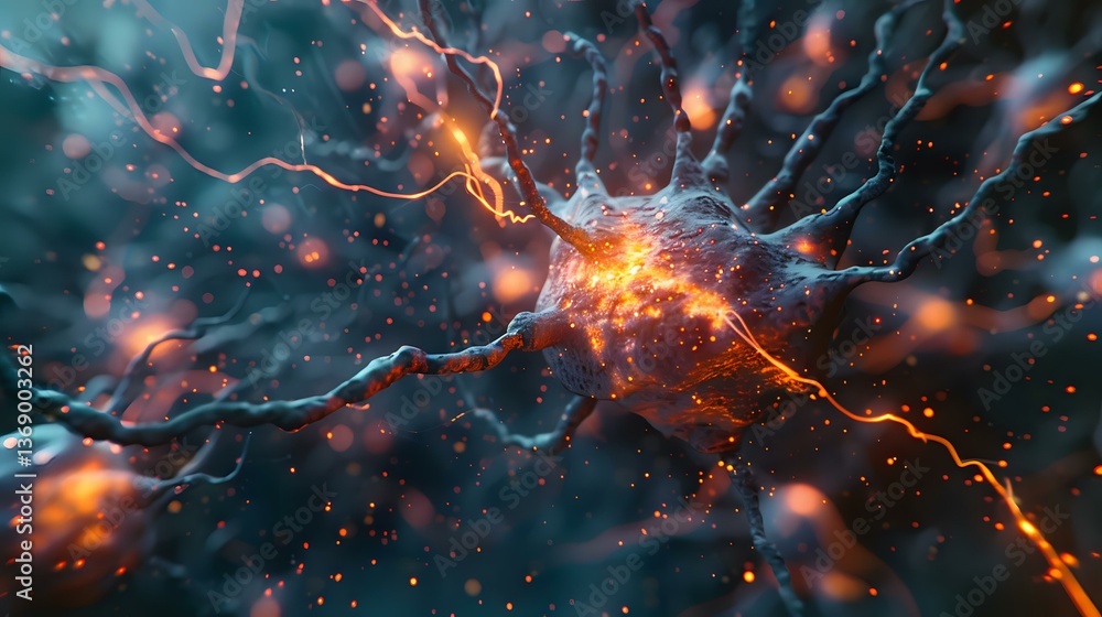 Aufkleber glowing neuron cell with electrical impulses in deep blue background, orange synaptic connections an