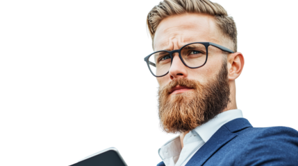 Png of Confident young Caucasian man with a beard and glasses in a stylish suit, holding a tablet and looking determined on transparent background.
