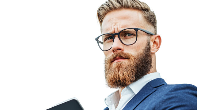 Png of Confident young Caucasian man with a beard and glasses in a stylish suit, holding a tablet and looking determined on transparent background.
