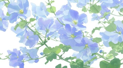 Delicate light blue flowers with green leaves on white background, watercolor style botanical pattern for fabric, wallpaper and stationery design.