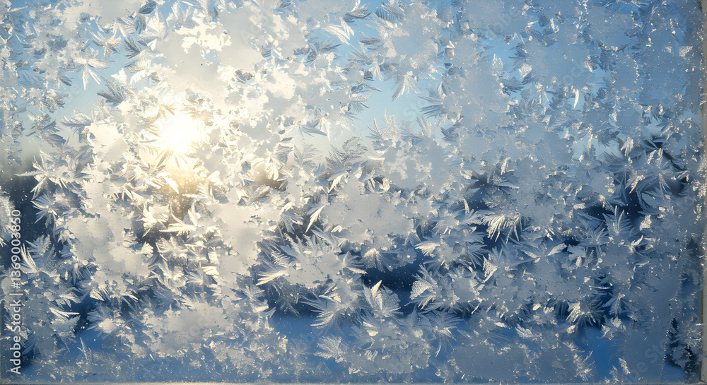 Poster intricate ice crystal patterns on windowpane with sunlight shining through
