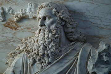 Naklejka premium Biblical Old Testament story: the sorrowful Moses before his death saw, but did not enter, the Promised Land. Close up fragment of a marble statue.