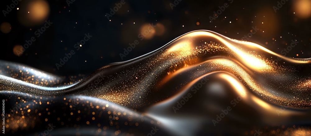 Aufkleber luxurious flowing waves of liquid gold and silver with sparkling particles on dark background create