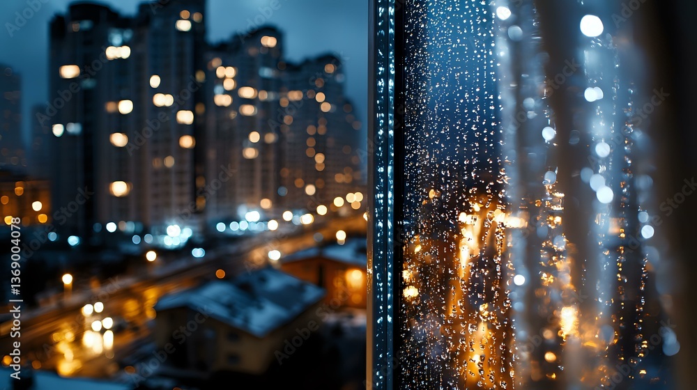 Aufkleber raindrops on window glass at night with blurred city lights and urban buildings in background creati