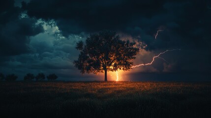 tree in a meadow on a cloudy night with lightning