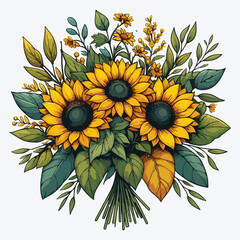 Bouquet of yellow sunflowers with green leaves and stems. stock illustration