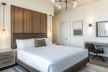 A well lit modern bedroom with a king sized bed visible