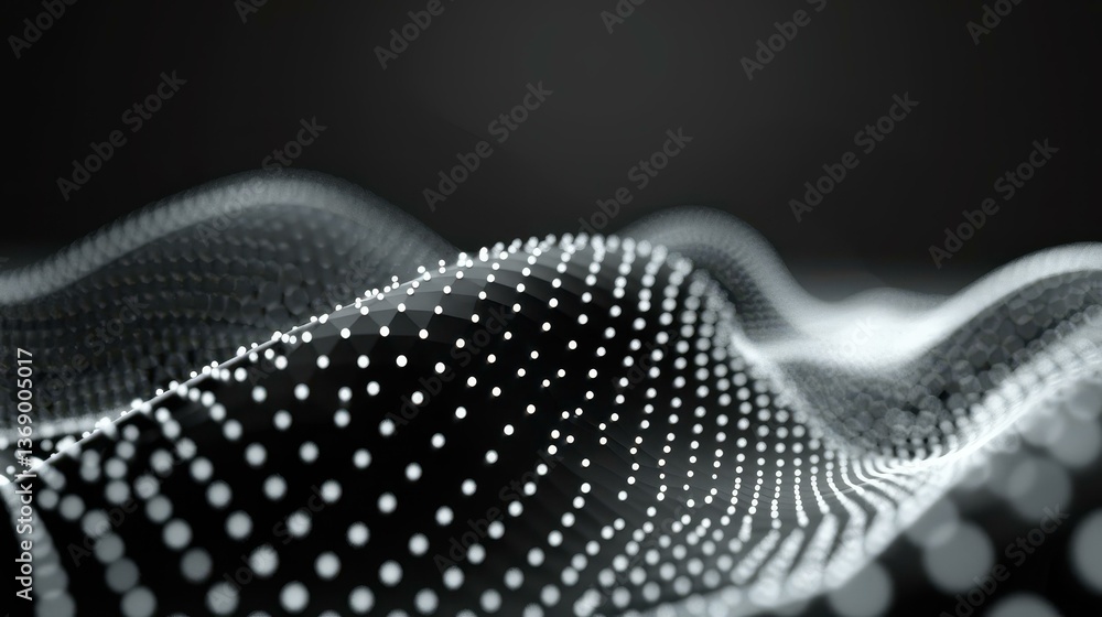Poster a mesmerizing wave pattern of flowing dots creates a dynamic 3d curve, set against a striking black 