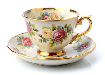 Floral Tea Cup: A delicate porcelain tea cup and saucer adorned with a vintage floral design, showcasing a blend of elegance and traditional charm.