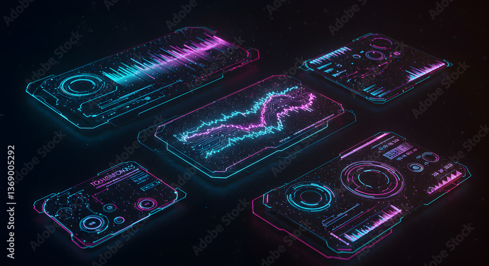 Poster futuristic cyberpunk style interface display panels for data visualization