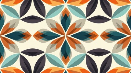Discover a vibrant midcentury modern seamless pattern adorned with geometric floral shapes in bold, retro colors.