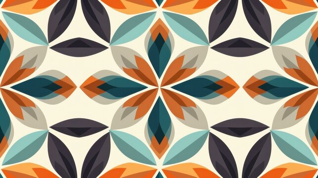 Discover a vibrant midcentury modern seamless pattern adorned with geometric floral shapes in bold, retro colors. - Powered by Adobe