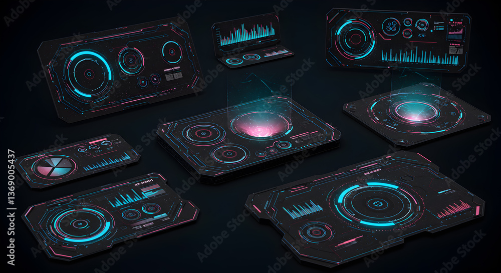 Poster futuristic cyberpunk interface elements providing visual tech presentations