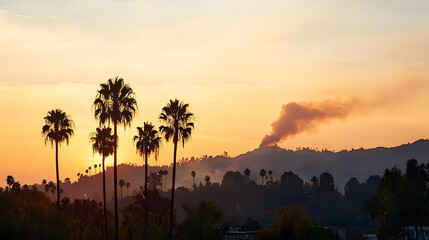 Obraz premium Sunset Over Los Angeles Hills With Smoke
