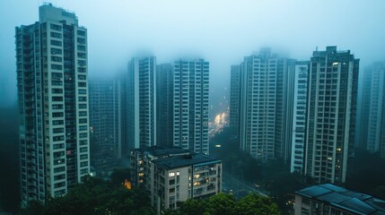 Obraz premium Foggy city skyline, high-rise buildings, night.