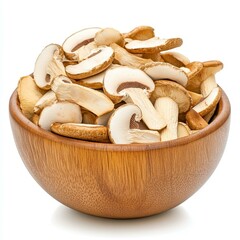Discover the rich flavors of dried mushrooms elegantly presented in a rustic wooden bowl, perfect for culinary delights.