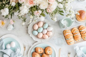 Elegant spring brunch table with pastel eggs and pastries